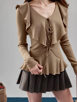 Blusa de Manga Larga con Volantes y Cuello en V para Mujer Color Café Sólido Camisa de Poliéster con Cordones Moda Casual