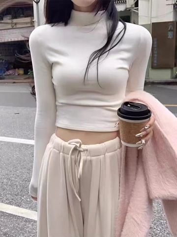 Camiseta de Corte Slim con Cuello Cisne para Mujer Manga Larga Top Térmico de Dralon Color Sólido Suave Camiseta Interior
