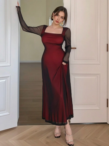 Robe Longue Vintage Femme Col Carré Dégradé Rouge Noir en Maille Manches Longues Sexy Ajustée pour Soirée
