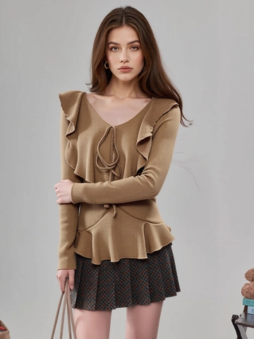 Blusa de Manga Larga con Volantes y Cuello en V para Mujer Color Café Sólido Camisa de Poliéster con Cordones Moda Casual