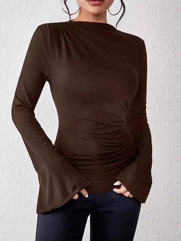 Dames Opstaande Kraag Geplooid Lange Mouw T-Shirt Elegant Tromp Mouwen Slim Fit Effen Kleur Sexy Base Layer Top