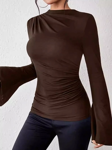 Dames Opstaande Kraag Geplooid Lange Mouw T-Shirt Elegant Tromp Mouwen Slim Fit Effen Kleur Sexy Base Layer Top
