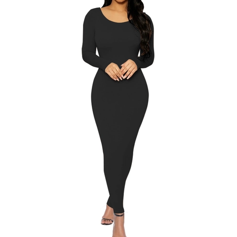 Women's Elegant Round Neck Long Sleeve Maxi Bodycon Dress Polyester Spandex Solid Color Slim Fit Pencil Dress For Party Autumn