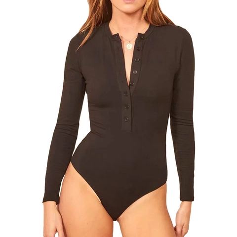 Body Sexy da Donna a Maniche Lunghe Scollo Henley con Bottoni Slim Fit in Poliestere Spandex Tuta Tinta Unita Autunnale