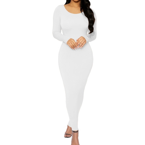 Women's Elegant Round Neck Long Sleeve Maxi Bodycon Dress Polyester Spandex Solid Color Slim Fit Pencil Dress For Party Autumn