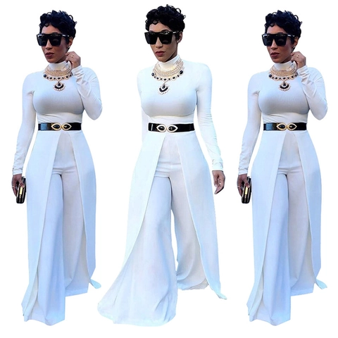 Elegant Dames Jumpsuit met Hoge Hals en Lange Mouwen Wijde Pijpen Split Rok Overlay Slim Fit Woon-werkverkeer Feest