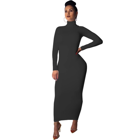 Women Long Sleeve Turtleneck Bodycon Maxi Dress Elegant Slim Fit Solid Color Polyester Spandex Urban Daily Commuter Dress