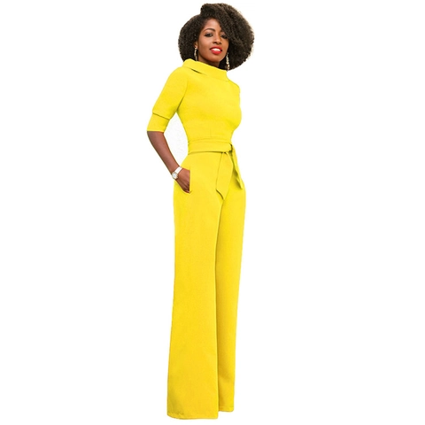 Damen Eleganter High Waist Wide Leg Jumpsuit Stehkragen Halbarm Jumpsuit Mit Gürtel Einfarbig Office Lady Mode Romper