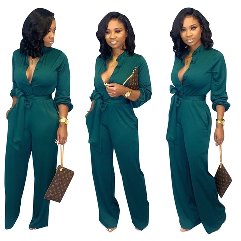 Women Sexy V Neck Long Sleeve Wide Leg Jumpsuit Elegant Waist Tie Button Front Solid Color Fashion Romper Jumpsuit
