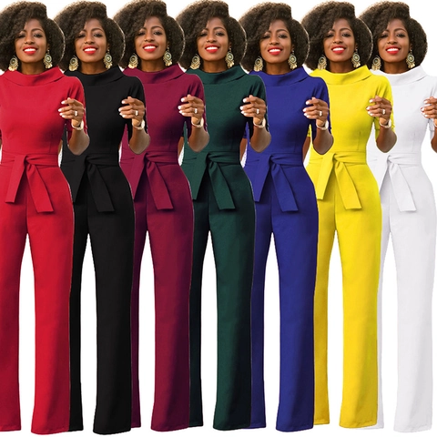 Damen Eleganter High Waist Wide Leg Jumpsuit Stehkragen Halbarm Jumpsuit Mit Gürtel Einfarbig Office Lady Mode Romper