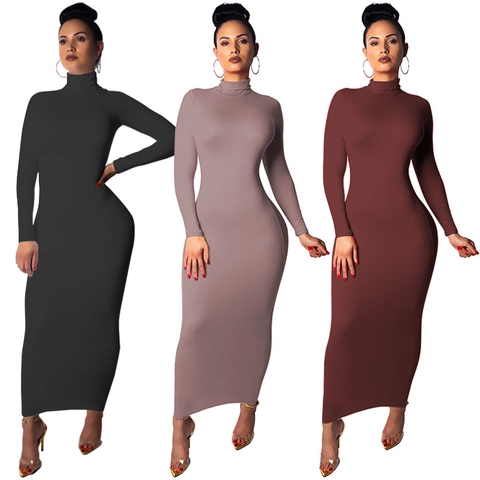 Women Long Sleeve Turtleneck Bodycon Maxi Dress Elegant Slim Fit Solid Color Polyester Spandex Urban Daily Commuter Dress