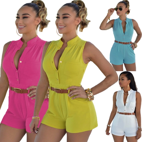 Women's Casual Sleeveless V-Neck Romper High Waist Short Jumpsuit With Belt Buttons Solid Color Summer Fashion One-Piece Outfit