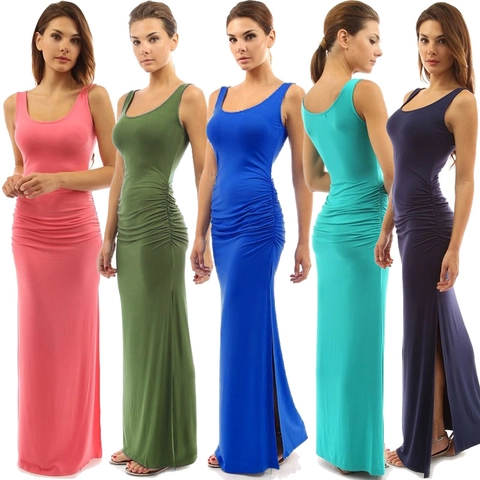 Damen Sexy Gerafftes Ärmelloses Maxikleid Einfarbig Slim Fit Seitenschlitz Rundhals Sommer Bodycon Party Langes Kleid