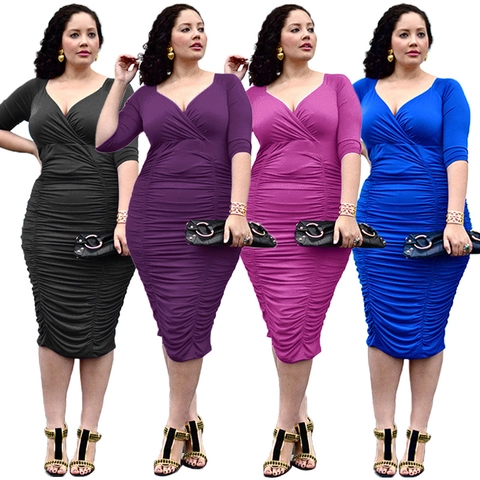 Vestido Midi de Talla Grande para Mujer Fruncido Cuello en V Elegante Tricotado Bodycon Media Manga Color Sólido Fiesta