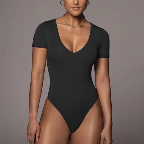 Women Sexy Deep V-Neck Short Sleeve Bodysuit Slim Fit Rayon Spandex Solid Color Jumpsuit Summer Basic Top For Daily Party
