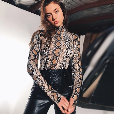 Dames Sexy Slangenprint Bodysuit Opstaande Kraag Lange Mouw Slim Fit Leotard Met Duimgaten Streetwear Polyester Spandex Top