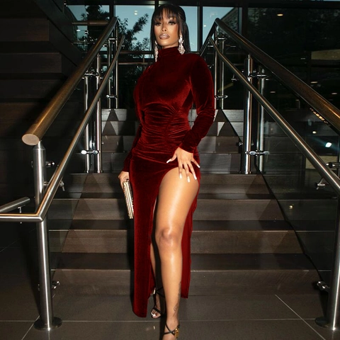 Damen Sexy Hochgeschlossen Langarm Samt Abendkleid Gerüscht Hoher Schlitz Slim Fit Elegant Bodycon Party Midi Kleid