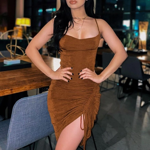 Abito Bodycon Sexy da Donna con Spalline Sottili in Tessuto di Poliestere Elastico Lucido con Coulisse Laterale e Spacco