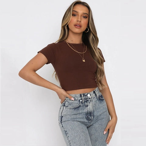 Top Corto de Mujer Cuello Redondo Manga Corta Color Sólido Ajustado Viscosa Spandex Camiseta Casual de Verano
