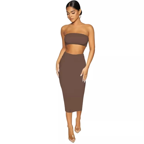 Damen Sexy Zweiteiler Rock Set Trägerloses Schlauchoberteil Und Hohe Taille Midi Bodycon Bleistiftrock Einfarbig Sommer Outfit