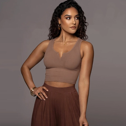 Débardeur Sexy pour Femme avec Col en V à Encoche Côtelé Coupe Ajustée Couleur Unie Sans Manches Crop Top Streetwear Spicy Girl en Mélange de Coton