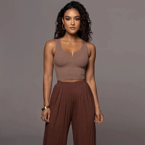 Débardeur Sexy pour Femme avec Col en V à Encoche Côtelé Coupe Ajustée Couleur Unie Sans Manches Crop Top Streetwear Spicy Girl en Mélange de Coton
