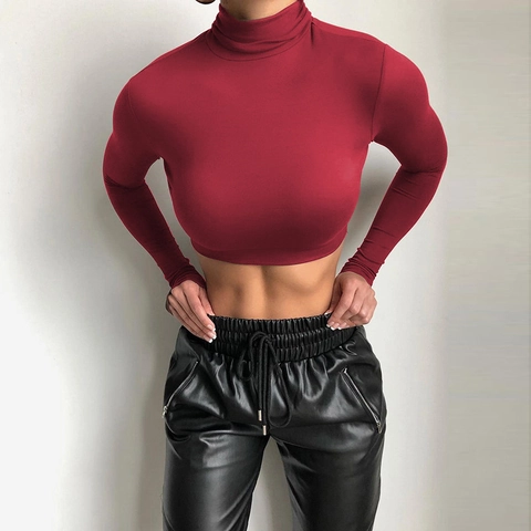 Women Sexy Turtleneck Crop Top Slim Fit Long Sleeve Solid Color Streetwear Polyester Spandex Basic Pullover Tee Top