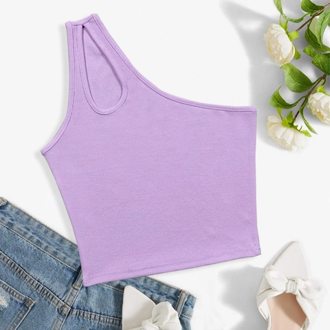 Top a Canotta Crop a Coste Monospalla da Donna in Cotone Poliestere Senza Maniche Vestibilità Slim Sexy Streetwear Base