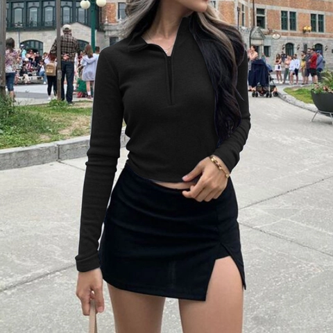 Crop Top de Manga Larga para Mujer Media Cremallera Cuello Alzado Ajustado Camiseta de Punto de Canalé Streetwear Casual Color Sólido