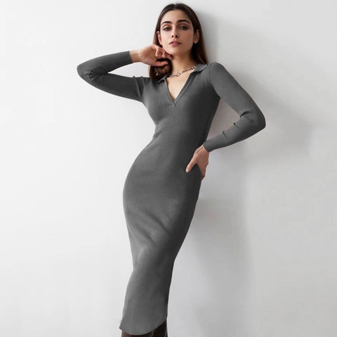 Abito Midi in Maglia a Costine Stile Francese Scollo a V Profondo Colletto Polo Donna Slim Fit Manica Lunga Elegante Bodycon in Misto Cotone