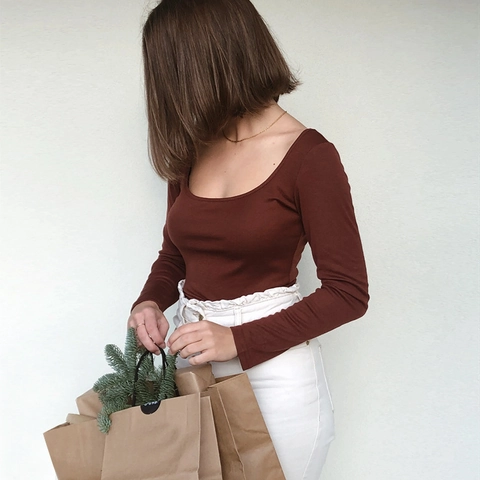 Camiseta de Mujer Sexy Cuello Cuadrado Manga Larga Crop Top Ajustada Forro Polar Color Sólido Streetwear Dobladillo Curvo
