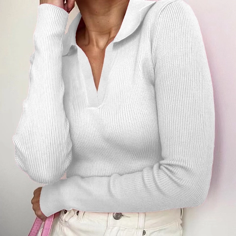 Maglietta da Donna American Retro con Colletto Polo e Scollo a V Profondo Crop Top in Maglia a Costine a Maniche Lunghe Slim Fit