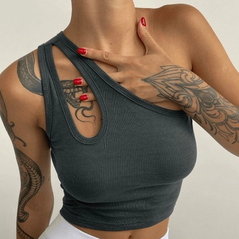 Dames Sexy One Shoulder Ribgebreid Crop Top Hol Uit Slim Fit Mouwloos Streetwear Spicy Girl Zomer Tanktop