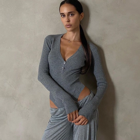 Body da Donna Sexy con Scollo a V Profondo Bottoni a Costine Manica Lunga in Viscosa Slim Fit Maglia Jumpsuit Top Moda