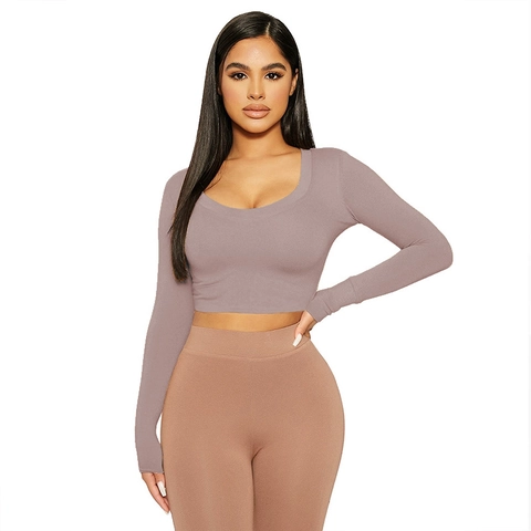 Camiseta de Mujer Sexy Slim Fit Cuello en U Manga Larga Crop Top Elástico Poliéster Base Layer Moda Casual Primavera