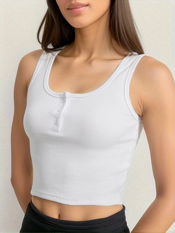 Camiseta sin Mangas Sexy Entallada de Algodón con Cuello Henley y Botones para Mujer Top Corto de Punto de Canalé Casual