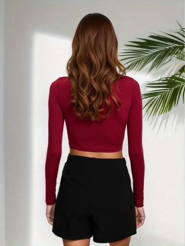 Women Sexy Mock Neck Long Sleeve Crop Top Slim Fit Solid Color Polyester Spandex Basic Fashion T-Shirt Winter Autumn Top