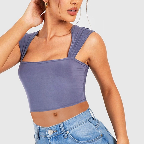 Women Sexy Slim Fit Crop Tank Top Square Neck Sleeveless Polyester Spandex Ribbed Solid Color Summer Streetwear Vest