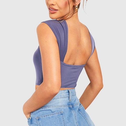 Women Sexy Slim Fit Crop Tank Top Square Neck Sleeveless Polyester Spandex Ribbed Solid Color Summer Streetwear Vest