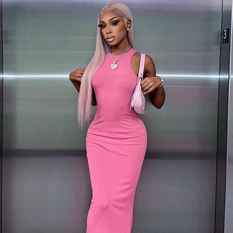 Women Sexy Slim Fit Ribbed Maxi Dress Sleeveless Round Neck Solid Color Bodycon Long Tank Dress Summer Party Clubwear