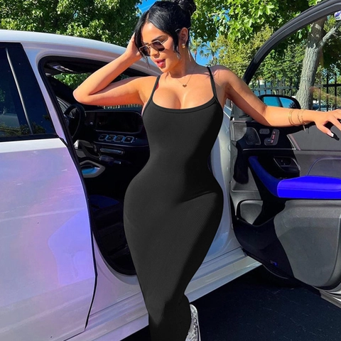 Women's Sexy Ribbed Spaghetti Strap Maxi Dress Polyester Spandex Slim Fit Bodycon Backless Dress For Summer Party Daily Wear
