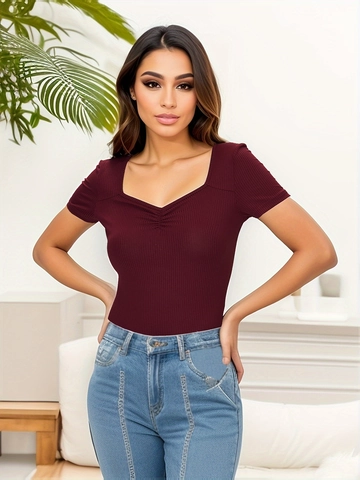 Women Sexy V Neck Ruched Ribbed Bodysuit Short Sleeve Slim Fit Solid Color Polyester Spandex Jumpsuit Top