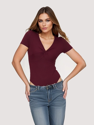 Women Sexy V-Neck Twist Knot Ribbed Short Sleeve Bodysuit Slim Fit Polyester High Stretch Western Style Jumpsuit Top