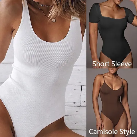 Sexy Slim Fit Bodysuit For Women Ribbed Knit Short Sleeve Sleeveless Cami Top V Neck Square Neck Solid Color Basic Leotard