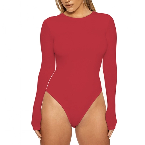 Women Sexy Slim Fit Long Sleeve Bodysuit Solid Color Deep V-Neck Zipper Stand Collar Square Neck Thong Leotard Jumpsuit