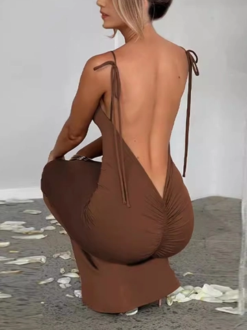 Vestido Largo Ajustado Sexy Con Espalda Descubierta Para Mujer Tirantes Finos Color Sólido Ajuste Delgado Ropa De Fiesta Vestido De Verano
