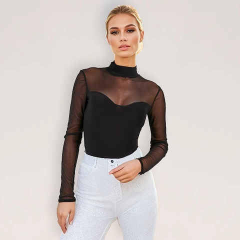 Sexy Women Black Mesh Patchwork Long Sleeve Bodysuit Mock Neck Slim Fit Leotard Polyester Spandex Party Clubwear Casual Top