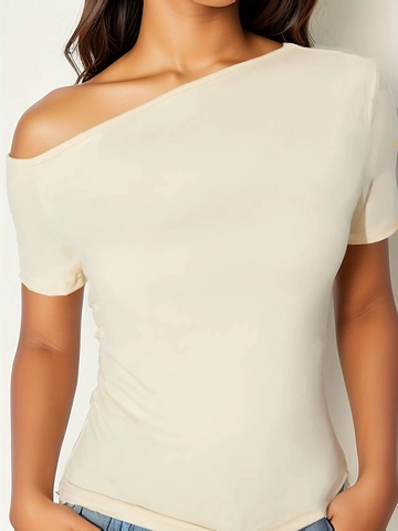 Women Sexy Slant Neck Off Shoulder Short Sleeve Slim Fit T-Shirt Solid Apricot Ruched Elegant Party Club Top