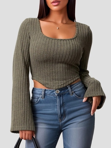 Women Sexy Square Neck Flare Sleeve Ribbed Knit Crop Top Slim Fit Solid Color Long Sleeve Pullover Autumn Fashion Blouse