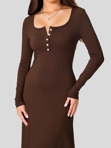 Women Elegant Ribbed Knit Maxi Dress Square Neck Long Sleeve Button Slim Fit Solid Color Autumn Winter Bodycon Dress